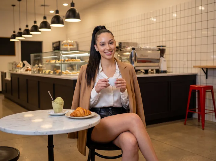 Image générée : le personnage du site prend place à une table ronde en marbre dans un café, tard en soirée, avec un espresso, une coupe de gelato à la pistache et un croissant.