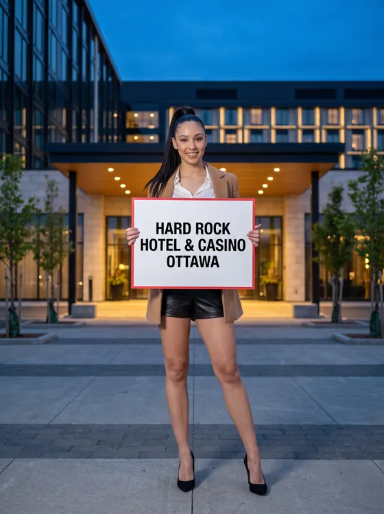 Image générée : le personnage du site, une jeune femme à la haute queue de cheval foncée, en chemisier blanc, short de cuir noir et blazer camel, se tient devant l'entrée d'un complexe moderne à l'heure bleue. Elle tient une affichette blanche où on lit Hard Rock Hotel & Casino Ottawa.