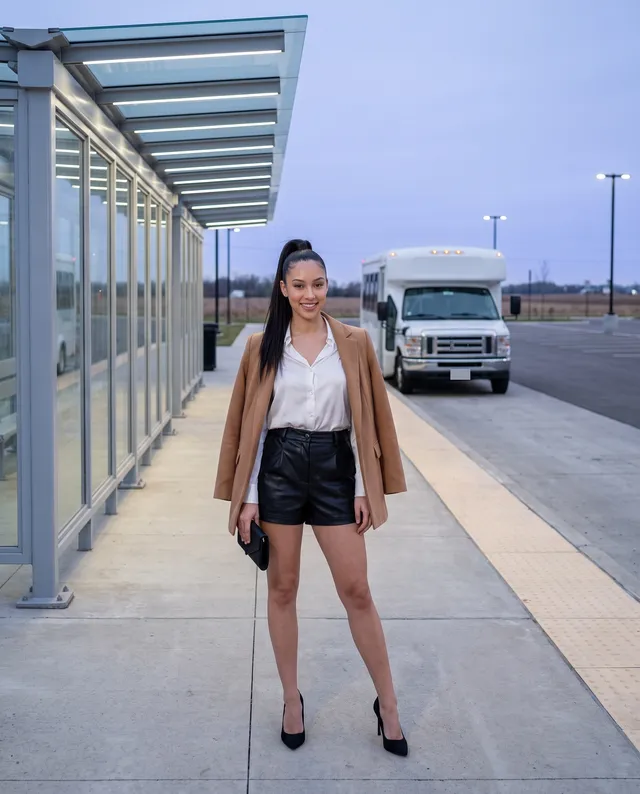 Image générée : le personnage du site se tient sur le quai d'une station de transport en commun de banlieue, au crépuscule. D'un côté se trouve un abri vitré, et un minibus-navette blanc attend le long du trottoir.